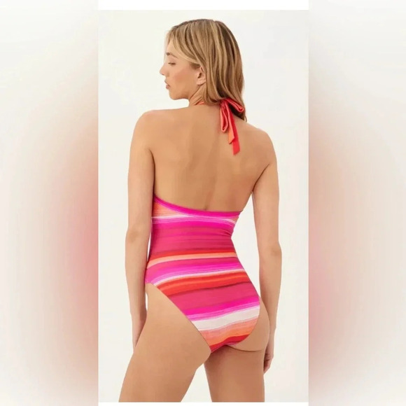 TRINA TURK Pink Orange Solstice Stripe Plunge Halter One Piece Swimsuit Size 14 - Picture 11 of 15
